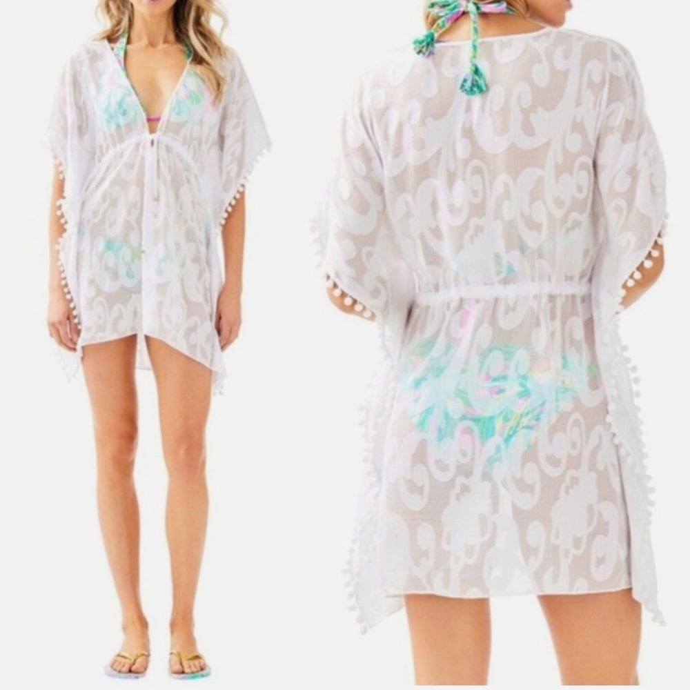 Lilly Pulitzer Gardenia Semi Sheer White Boho Pom Pom Kaftan Swim Cover Up Small